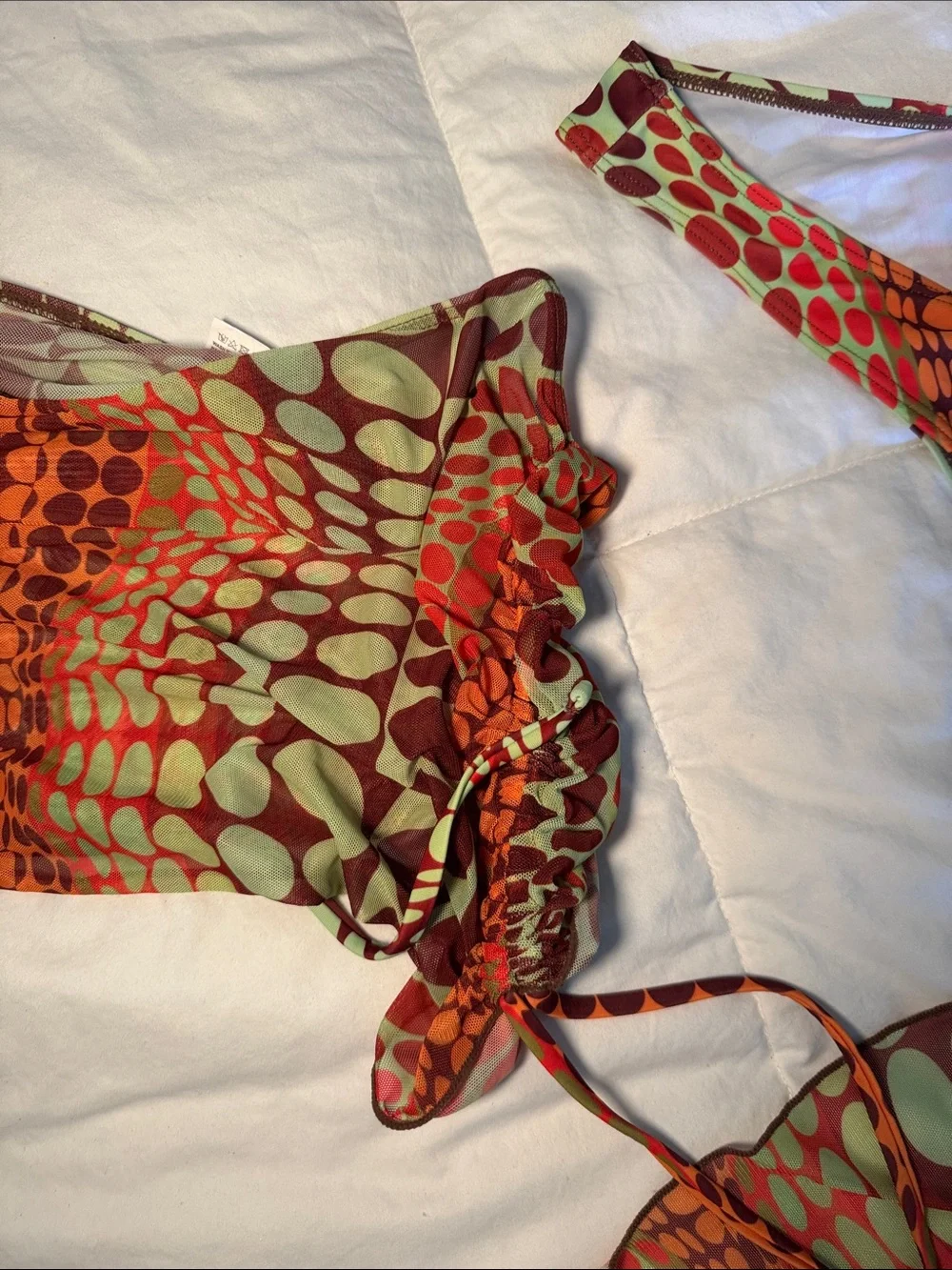 Retro Geo Print Bikini Set with Matching Sarong - Orange & Lime